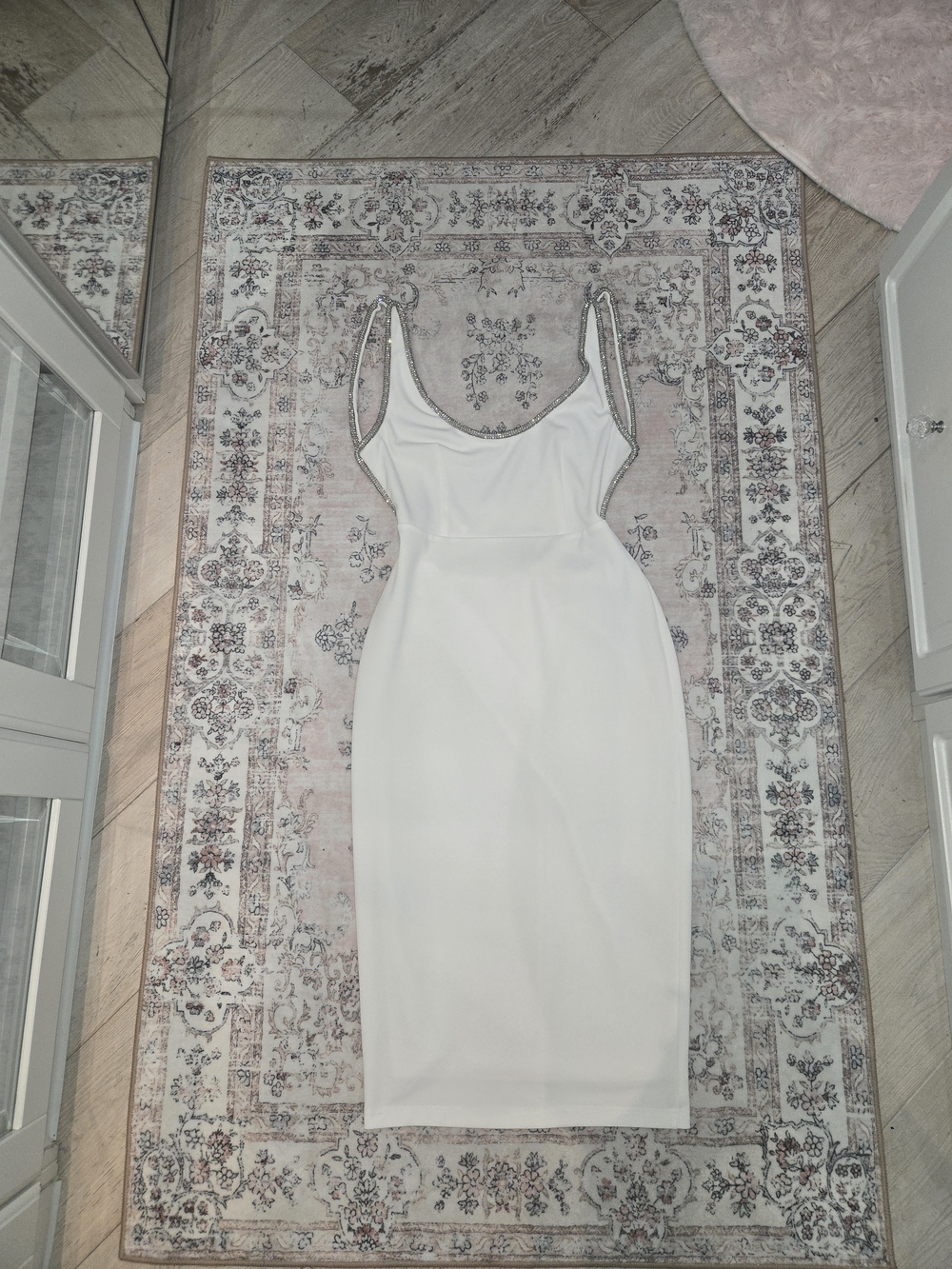 Fashion Nova White Sleeveless Midi Bodycon Dress with Bedazzel Gem SparkleStraps